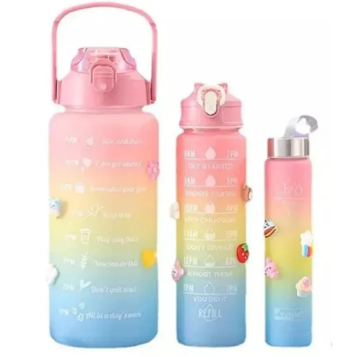 Kit 3 Garrafas de Água Squeeze Academia Motivacional 2000ml + 900ml + 300ml